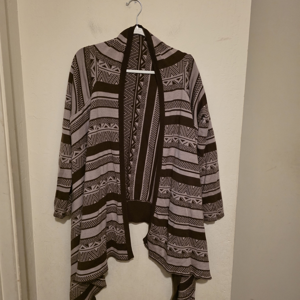 Aztec Geometric Knit Open Cardigan Sweater Brown Beige One Size Women